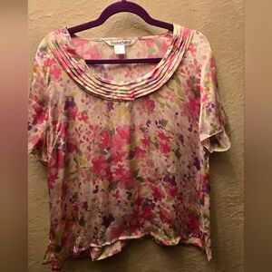 WinterSilks 100% Silk Floral Blouse | Y2K Sheer Silk Top | Romantic Pink Purple